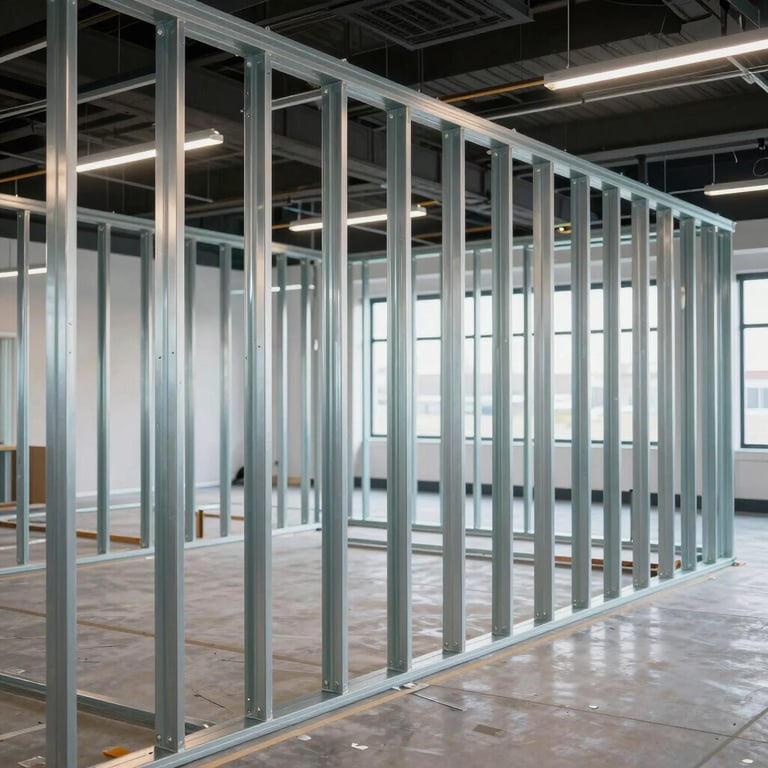 Professional steel framing installation for a commercial office interior in Ontario, showing precise metal studs and clean alignment.
