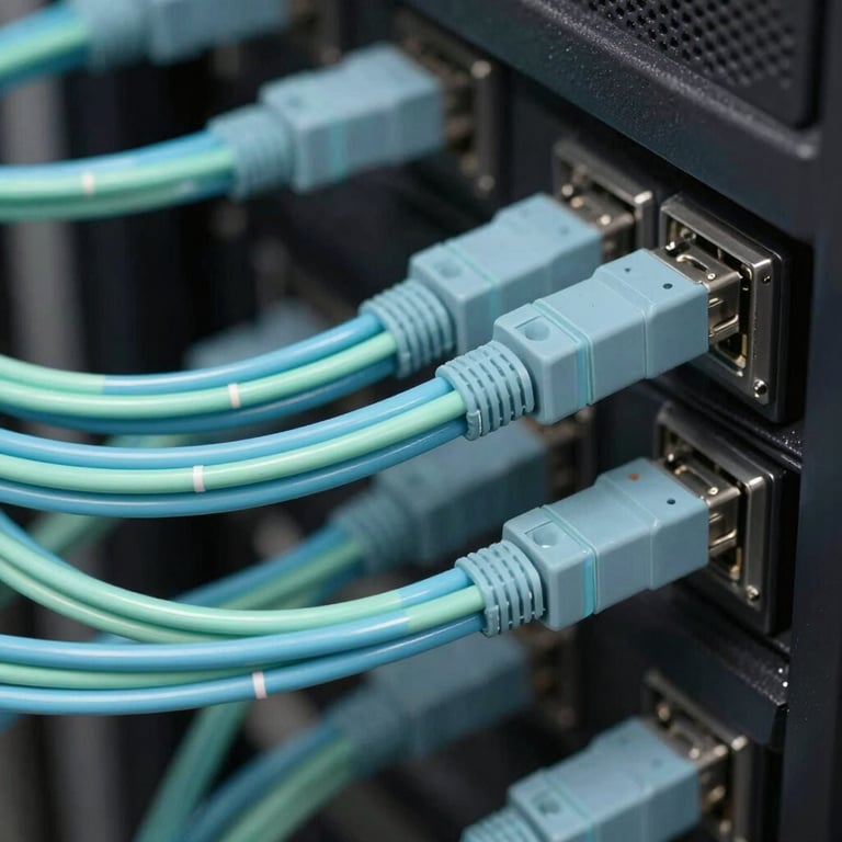 Close-up of organized light blue and mint fiber optic cables in a clean server rack, professional lighting, technical precision.