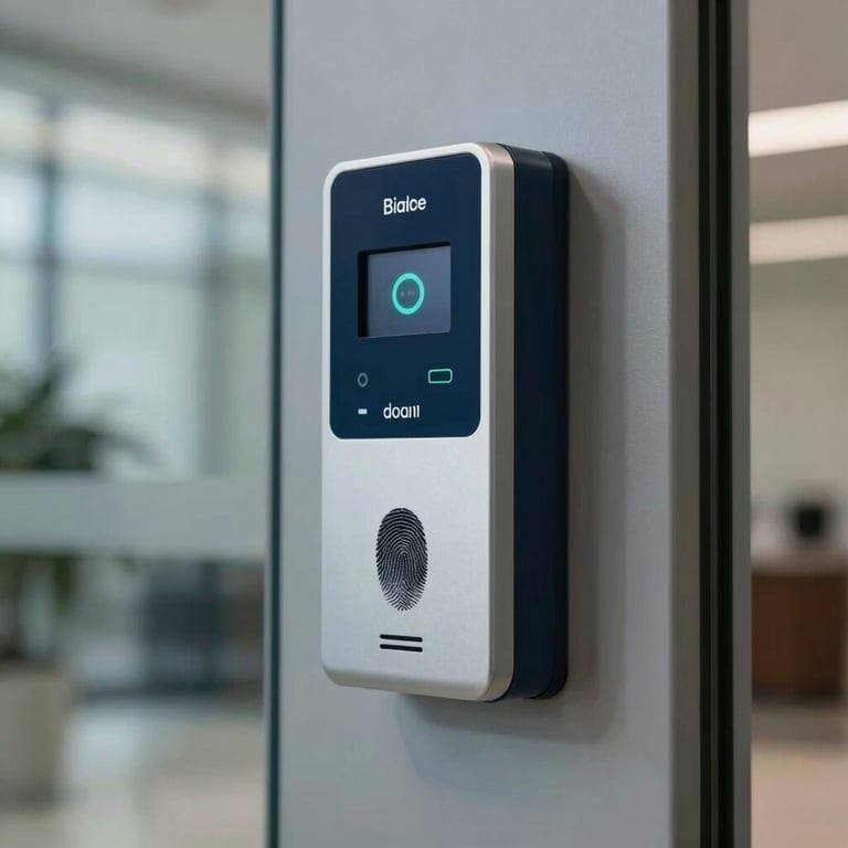 A biometric fingerprint access control terminal mounted on a glass door in a corporate lobby, sleek navy and silver colors.