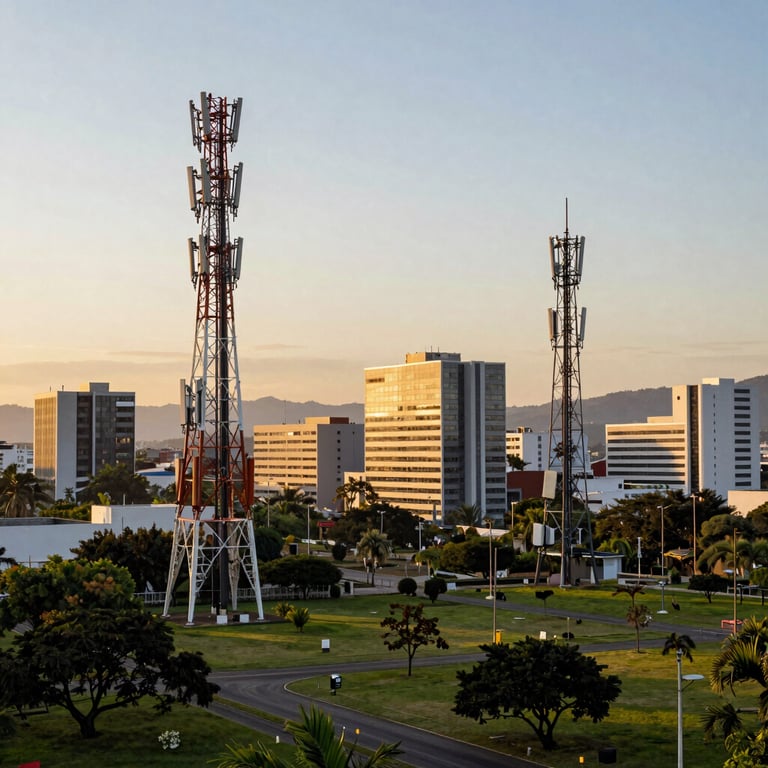 View of a corporate park in Latin America with visible telecommunications towers and neat modern infrastructure, sunset lighting.