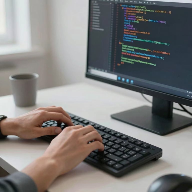 A software developer's hands typing on a professional keyboard with a screen displaying complex code structures in a clean office.