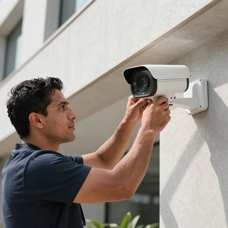 Professional Latin American technician installing a high-definition security camera on a modern facade, bright daylight.
