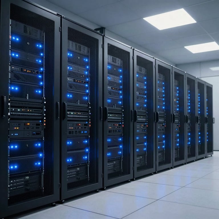 Wide shot of a modern Latin American data center with rows of server cabinets and glowing blue status lights, cold and secure environment.