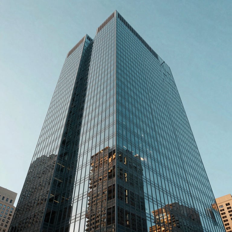 A low-angle shot of a modern glass skyscraper in a US city reflecting a clear pale blue sky, symbolizing scalability.