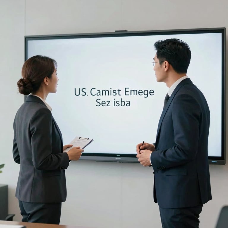 Two professionals in modern business attire collaborating in front of a large digital whiteboard in a bright, modern US conference room.