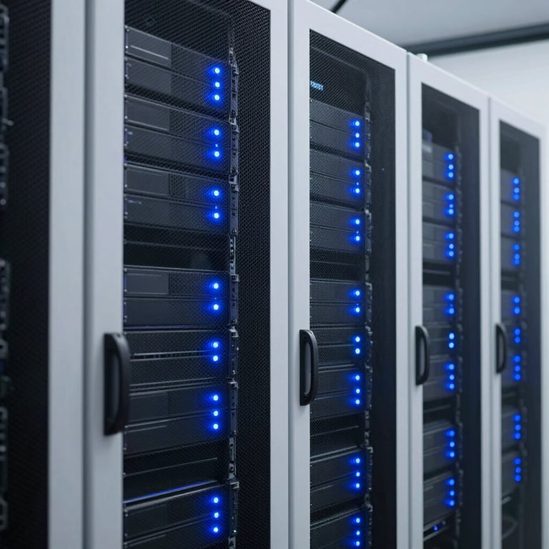 An abstract photography shot of clean, white server racks in a secure data center with glowing navy blue indicator lights.
