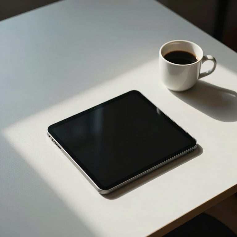 Overhead shot of a minimalist workstation with a tablet and a coffee cup on an off-white desk with muted blue shadows.