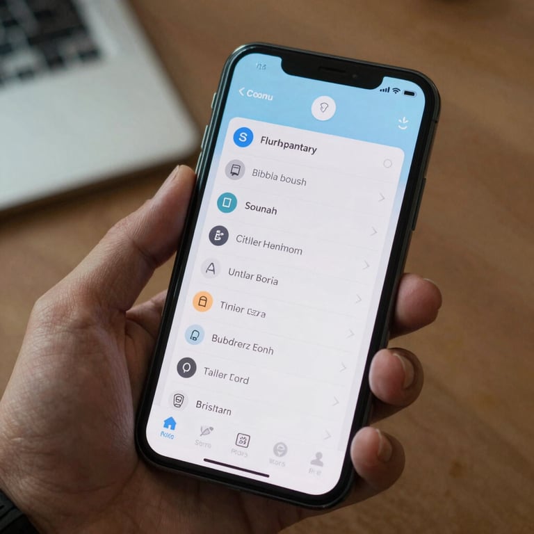 A detailed macro shot of a sleek smartphone displaying a responsive mobile interface with light blue accents, held by a professional in a North American setting.