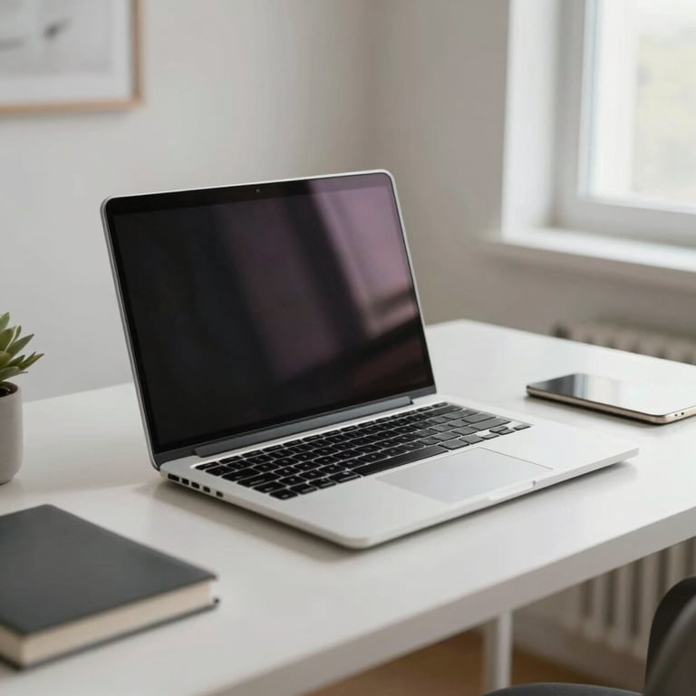 A clean, minimalist home office setup with a high-end laptop and natural light coming through a window, reflecting a professional remote work culture.