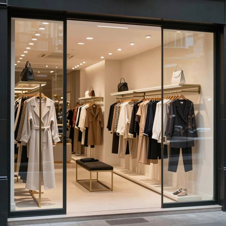 A stylish boutique store interior in a South American / Brazilian city, showcasing high-quality fashion in a professional, well-lit environment.