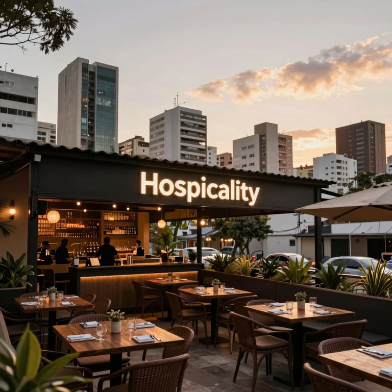 A trendy restaurant terrace in a South American / Brazilian city at sunset, highlighting a professional and welcoming hospitality brand.