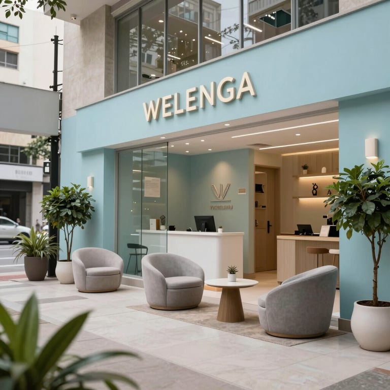 An upscale wellness and health clinic lobby in a South American / Brazilian urban area, featuring soft light blue decor and modern furniture.