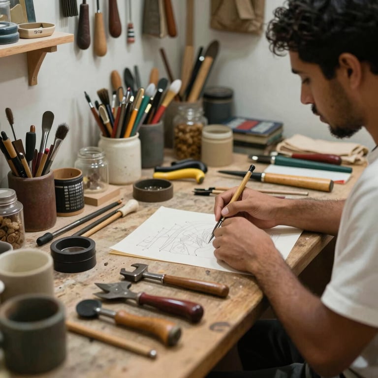 A local artisan's studio in South America / Brazil, with organized tools and a professional presentation of handmade goods.