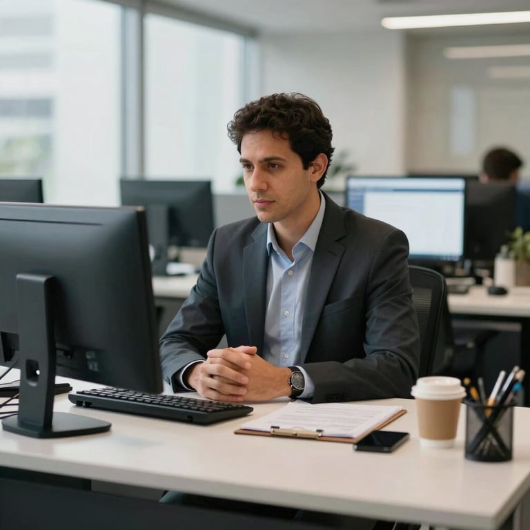 A professional consultant's workspace in a South American / Brazilian business hub, featuring a clean desk and modern technology.