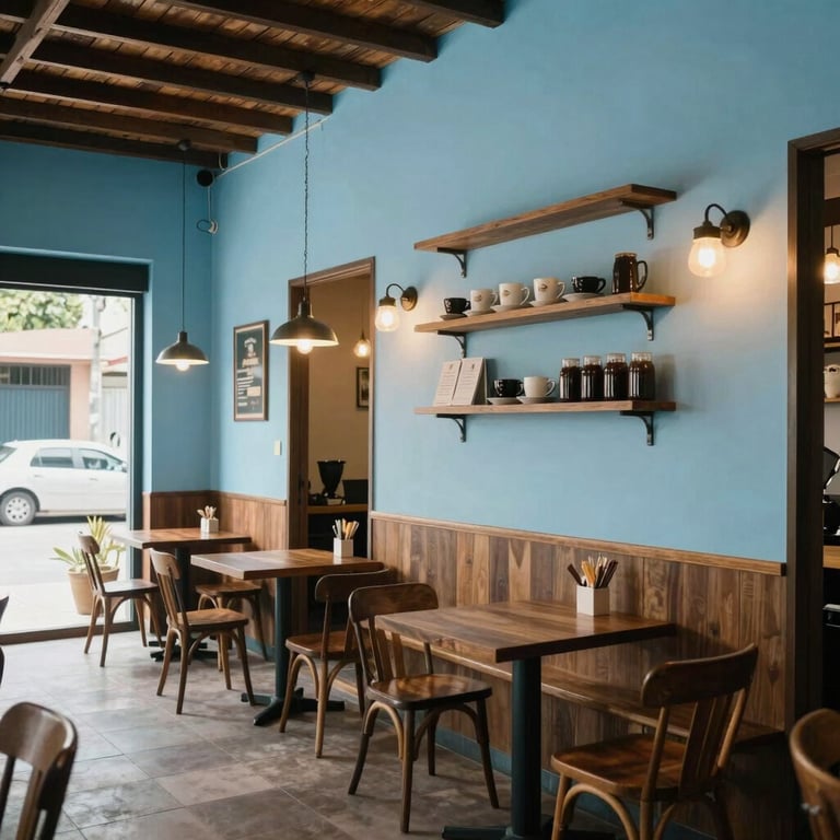 A cozy and modern specialty coffee shop in a South American / Brazilian neighborhood with sky blue accents on the walls.