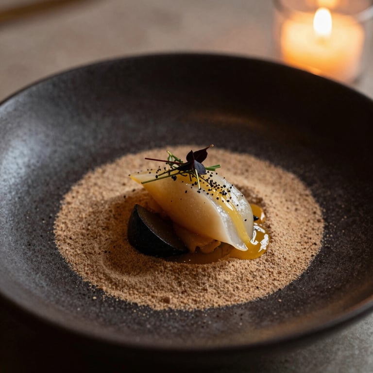 Extreme close-up of a delicate culinary dish on a dark textured ceramic plate, soft warm candlelight, dramatic shadows