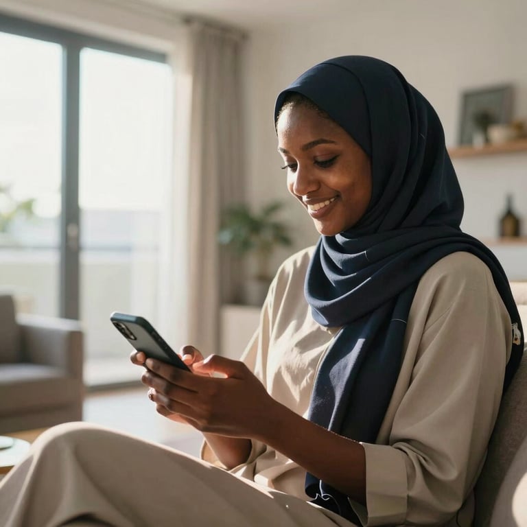 A smiling Somali woman in a bright, modern German apartment looking relaxed while typing on her phone, warm sunlight streaming through the window.