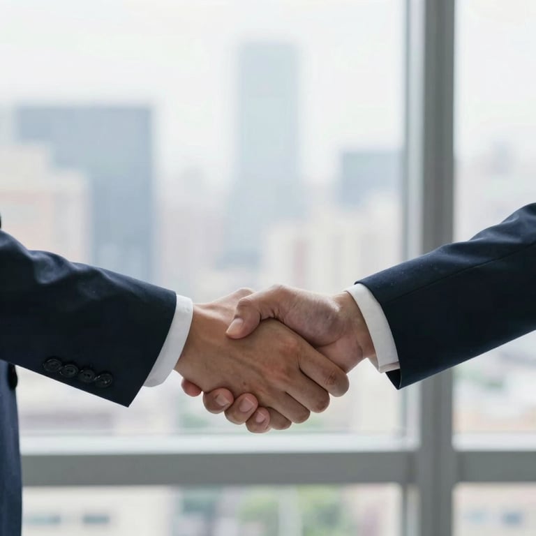 A handshake between two professionals in front of a window overlooking the city.