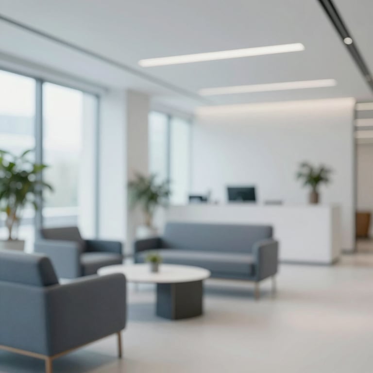 A bright and airy corporate lobby with minimalist furniture in #8CA0B8.