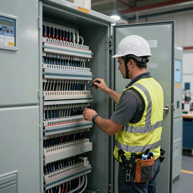 A wide shot of a master electrician inspecting a complex commercial electrical panel in British Columbia, emphasizing safety and order.