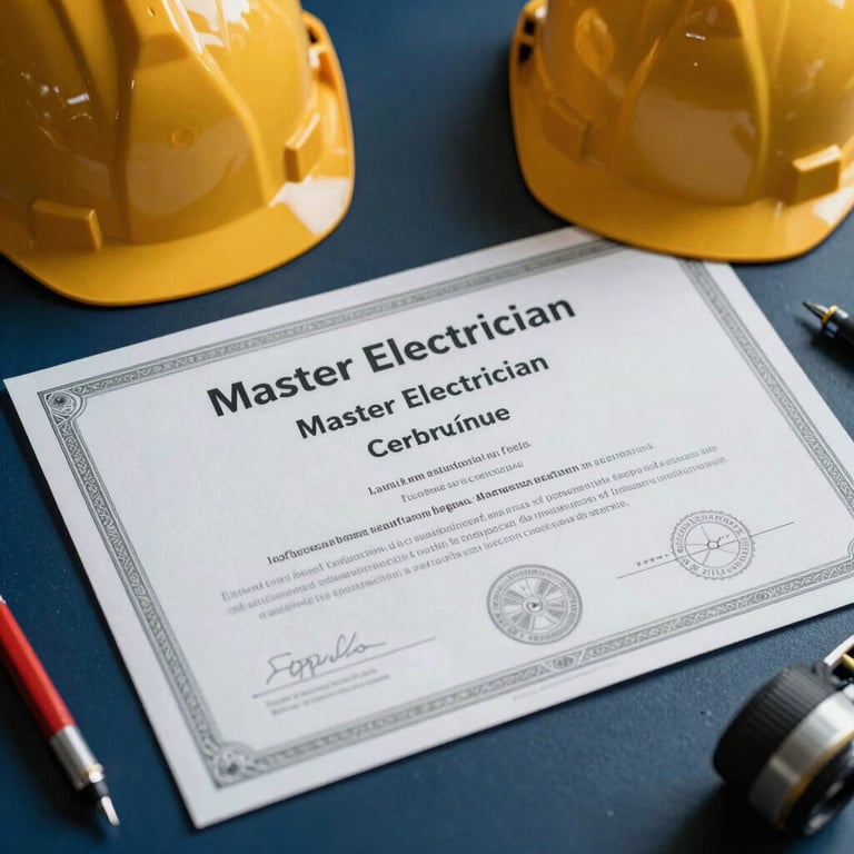 Close-up of a Master Electrician certificate and safety equipment on a dark blue surface, conveying authority.
