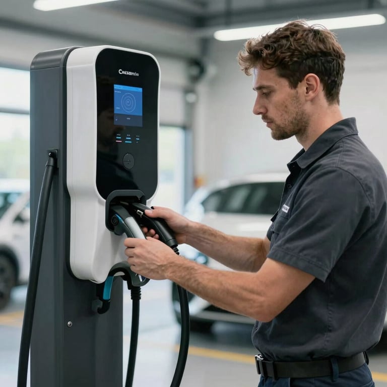 A technician installing a modern EV charging station in a high-end garage in the Lower Mainland.