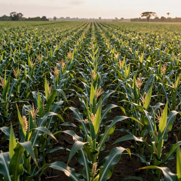 Rows of vibrant green corn plants stretching to the horizon, captured in the soft morning light of a South American farm.
