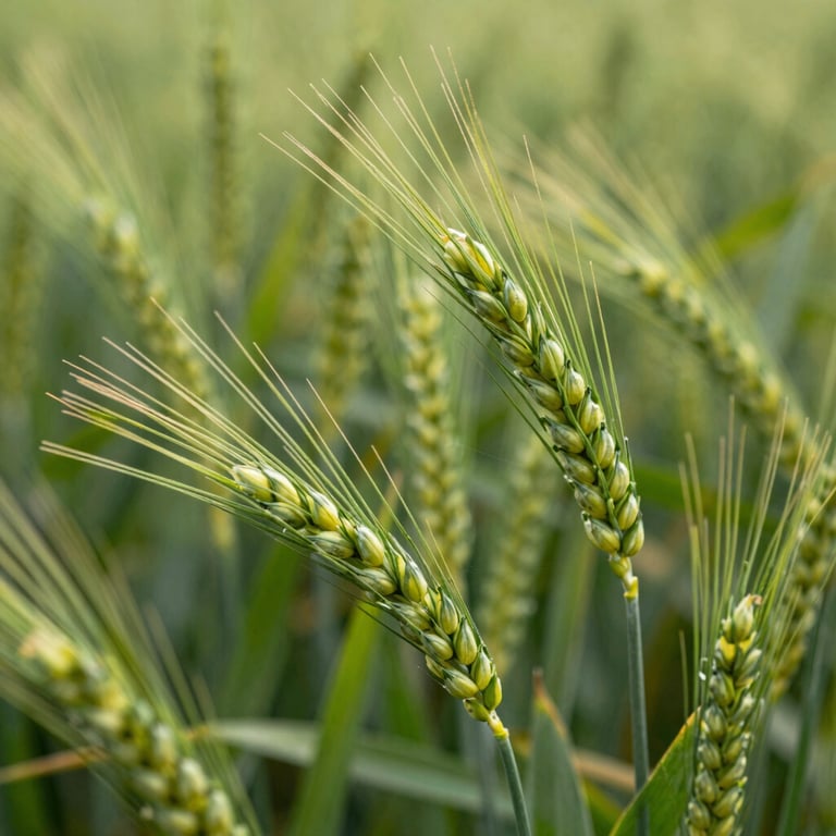 Detailed macro shot of healthy green wheat stalks swaying in the wind, symbolizing growth and sustainability.