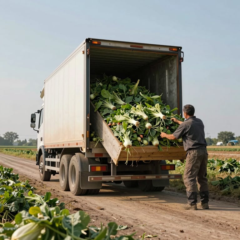 A wide-angle shot of a successful harvest being loaded into a large truck, emphasizing efficiency and scale.
