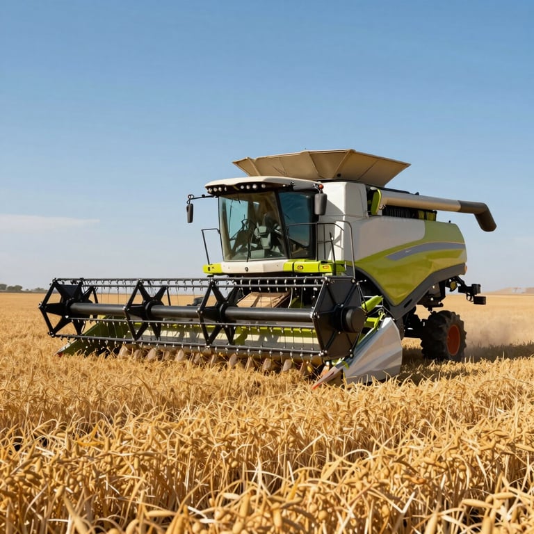 A large modern combine harvester working in a vast golden soy field under a bright blue South American sky.