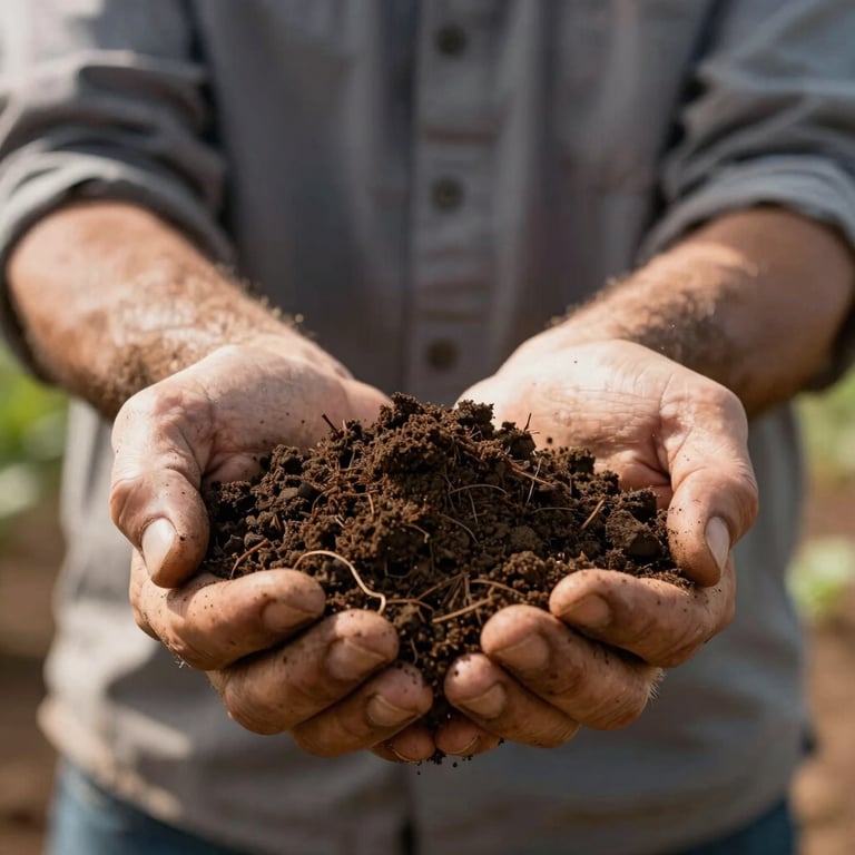 A close-up of a professional agronomist holding dark, rich fertile soil in their hands in a Brazilian rural setting.