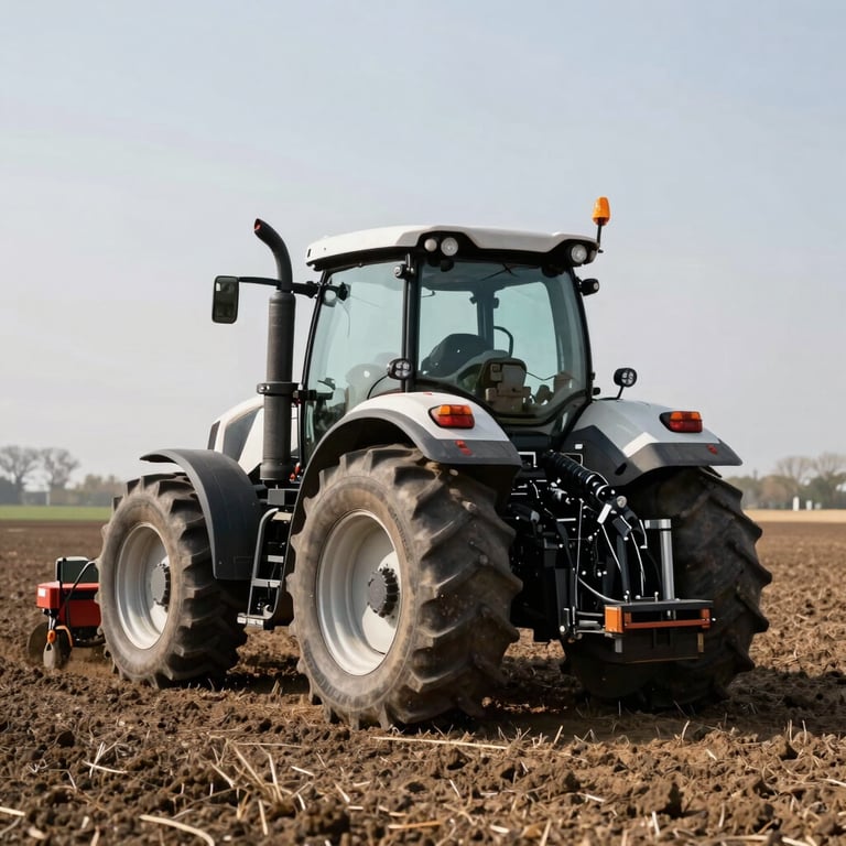 A high-tech tractor with GPS guidance systems preparing a field for planting, professional agricultural photography.