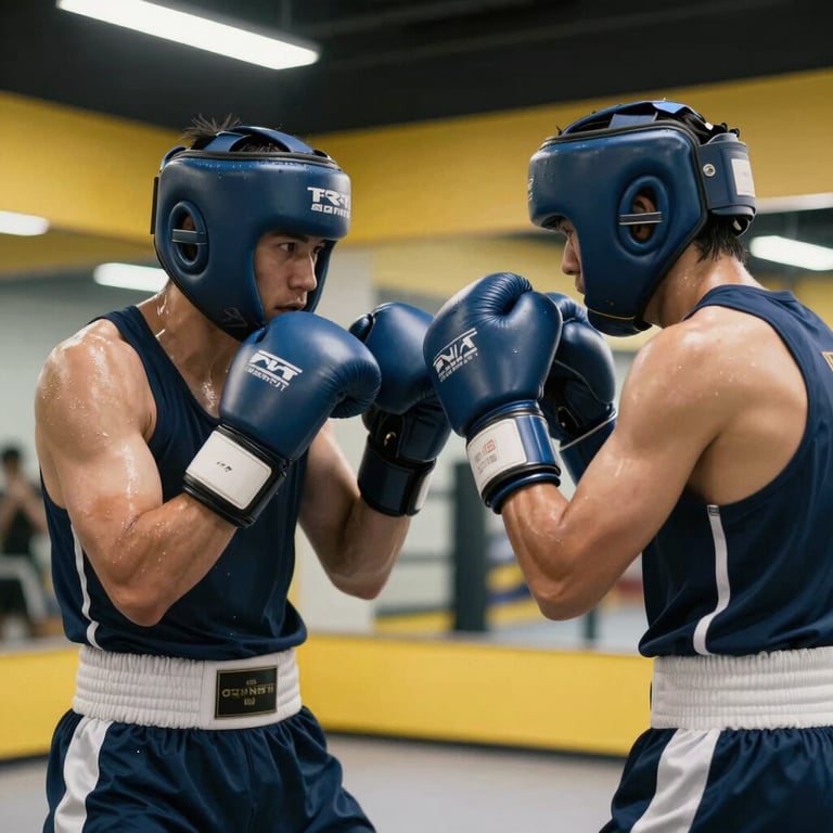 Adults boxing class at the academy, sweat and movement, modern equipment, dark blue and yellow theme.