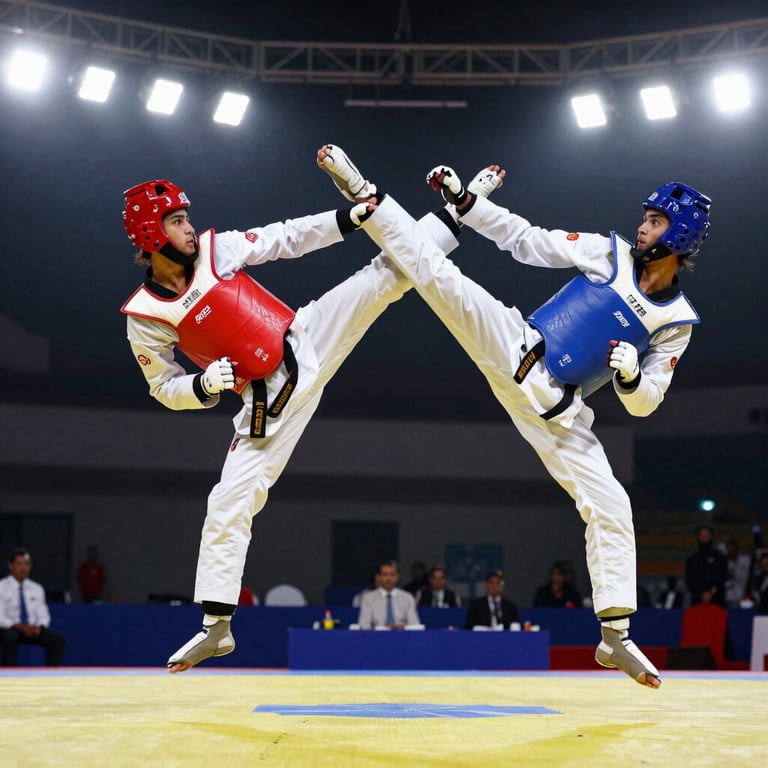 High-energy Taekwondo competition scene in Delhi, athletes mid-air, professional sports lighting.