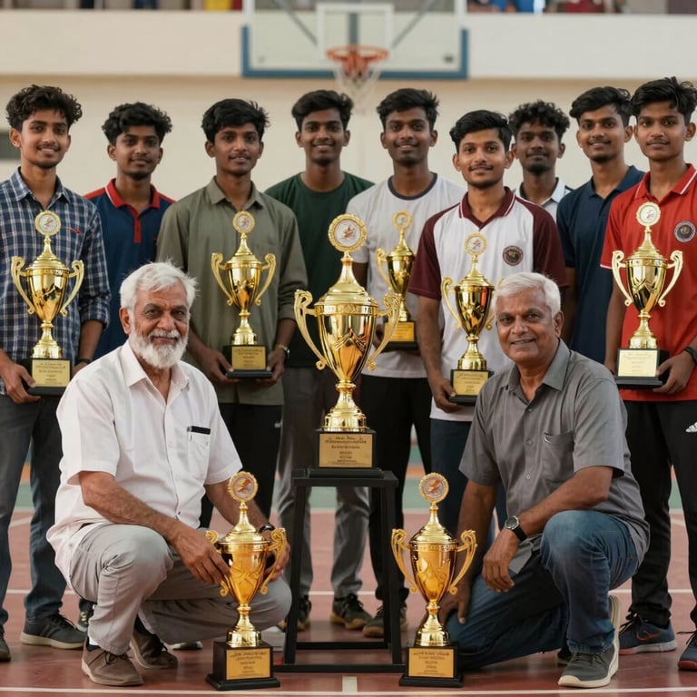 A group photo of South Asian students and masters posing with trophies after a tournament, joyous and professional.