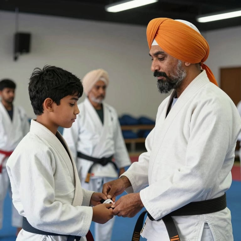 Master Vikas Jhanjot awarding a new belt to a student, proud expressions, indoor academy setting.