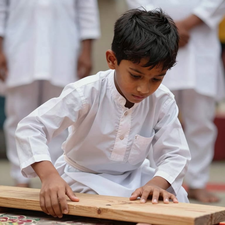 A South Asian child in a white dobok breaking a wooden board during a ceremony, intense focus, crisp action shot.