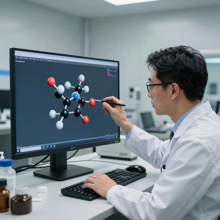 A scientist in a clean-room environment analyzing molecular structures on a high-resolution display, minimalist industrial style.