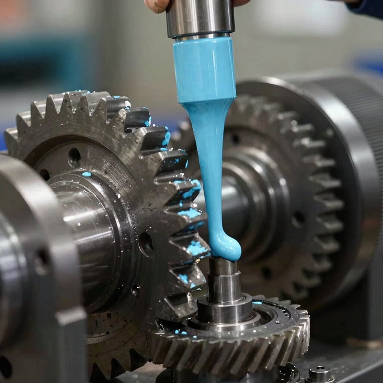 Macro photography of industrial gears being coated with a specialized light blue lubricant, Hispanic industrial setting.
