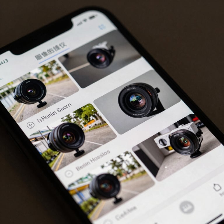Close-up of a smartphone screen displaying a multi-camera live security feed with a clear and modern interface.