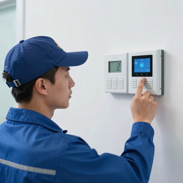 An expert technician in a steel blue uniform testing a smart alarm control panel on a white wall.