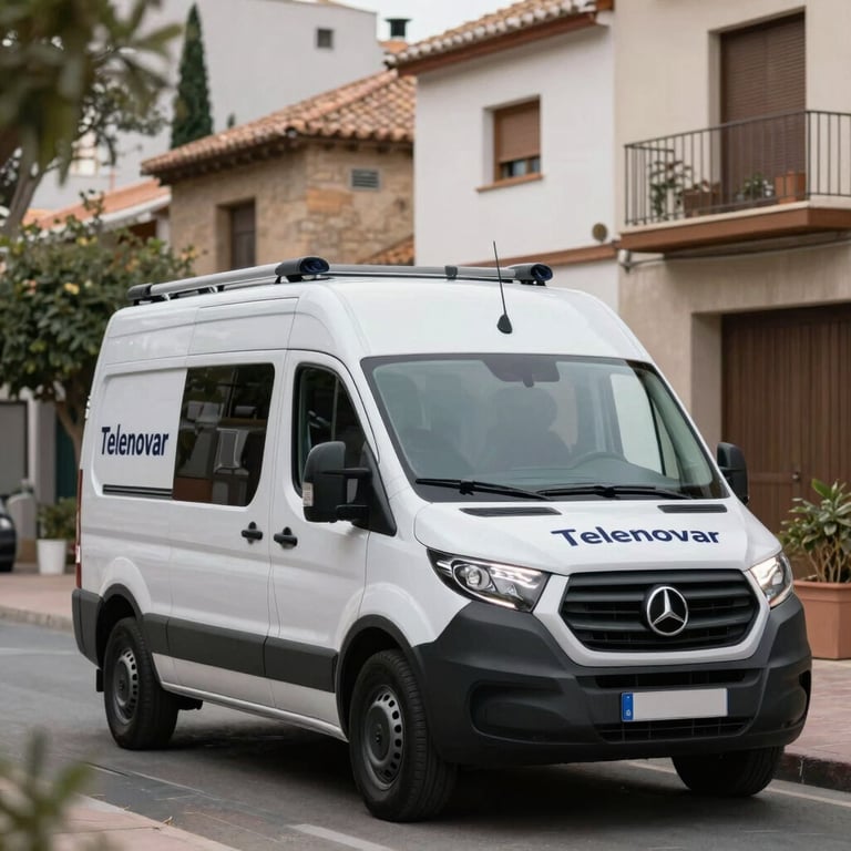 A modern security van with discreet Telenovar branding parked in a stylish residential area in Spain.