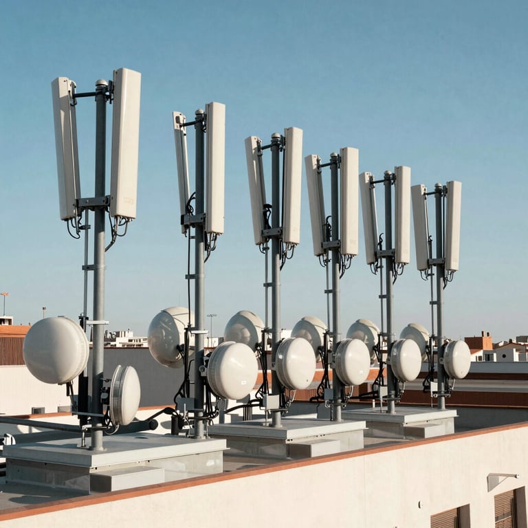 A row of professional telecommunications antennas neatly arranged on a commercial rooftop under the bright sun of Madrid.