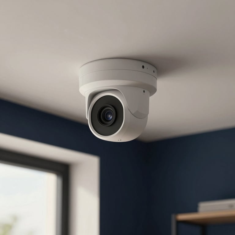A sophisticated indoor security camera with a minimalist design mounted on a high ceiling in a modern Spanish apartment. Soft morning light, palette of dark navy and off-white.