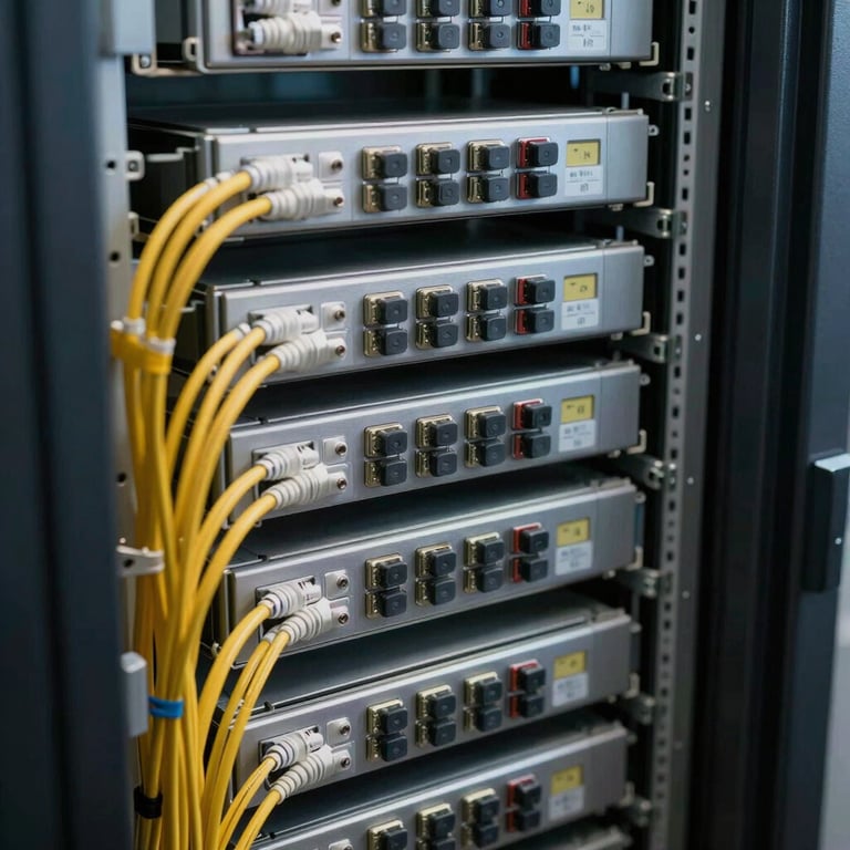 Detailed shot of organized fiber optic cabling and secure server equipment inside a communication hub.
