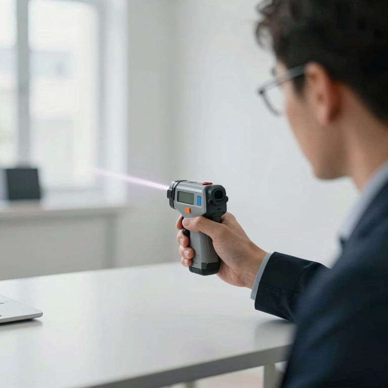 A professional appraiser using a laser measuring tool in a bright, modern interior, reflecting professional precision.