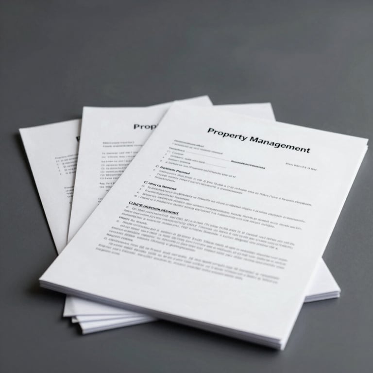 A stack of neatly organized property management documents and contracts on a dark #1A2C3D surface.