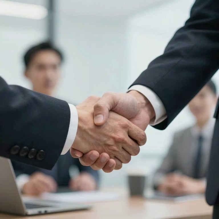 Close-up of a firm handshake between professionals in a clean, sophisticated office setting.