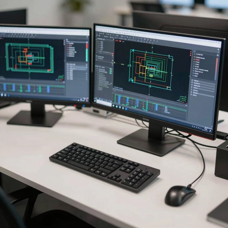 A high-angle shot of a technical drawing station with multi-screen monitors displaying CAD software.