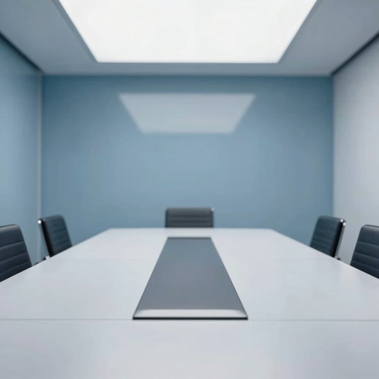A minimalist conference room with blue accents reflecting the #4C6A7F brand color.